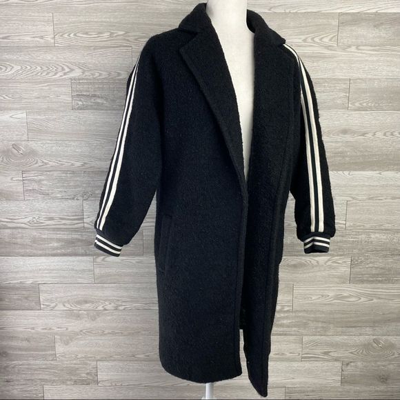 Ing2Ing Wool Blend Black & White Strip Long Coat - Picture 2 of 12